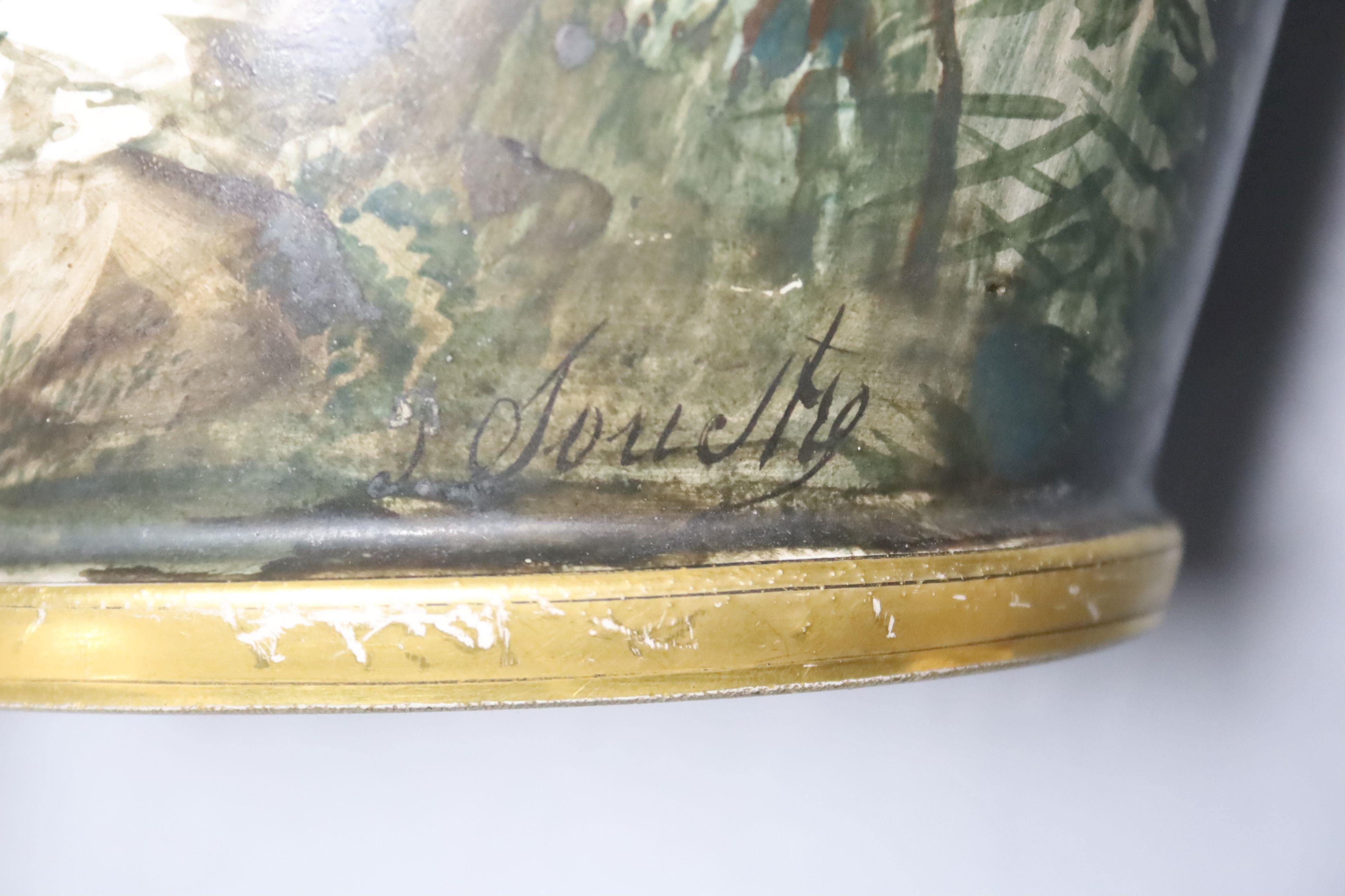 A pair of late 19th century French St Denis painted vases, decorated with birds in a landscape, signed by the artist, height 35cm